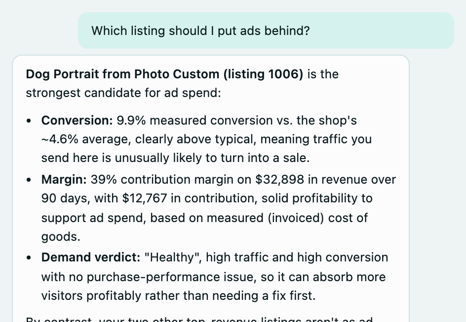 The start of the answer, naming the listing and the figures behind it.