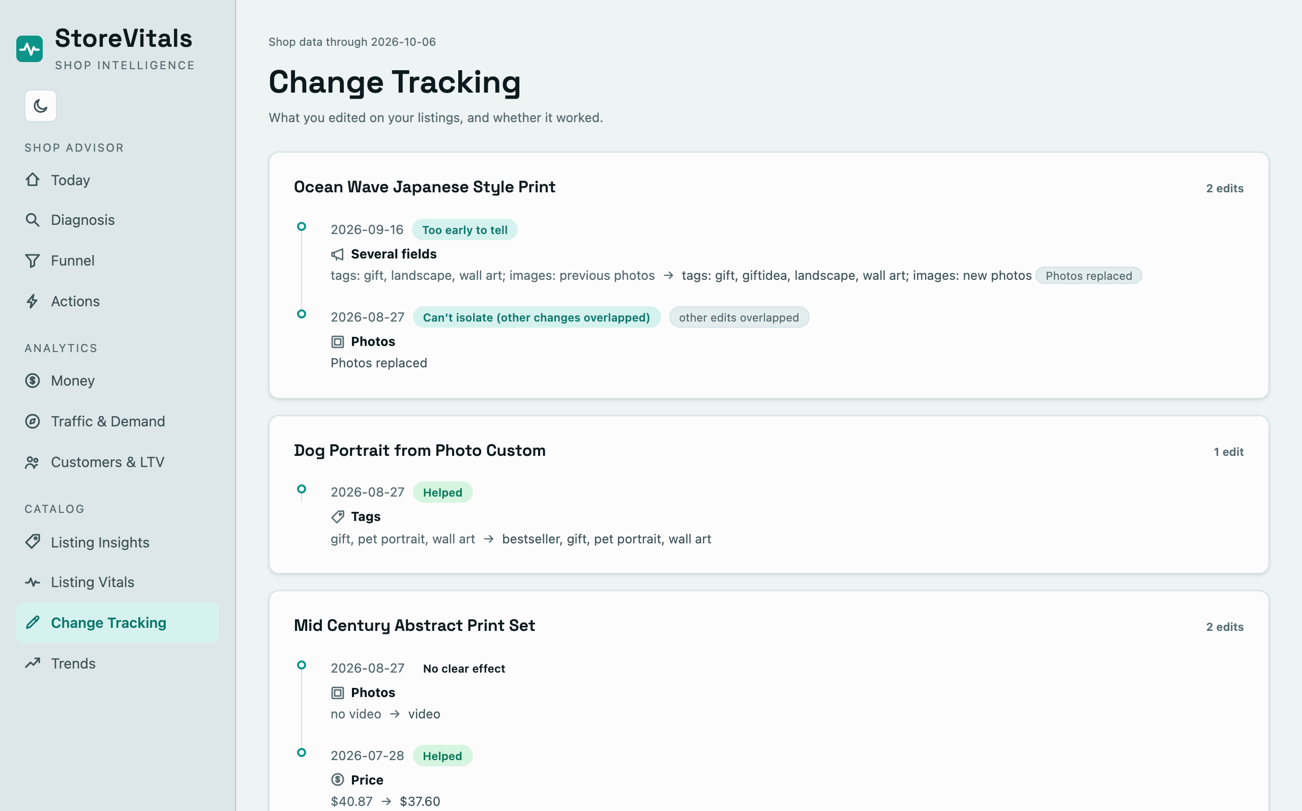 Change Tracking in the app: every recorded listing edit, newest first, with its measured verdict.