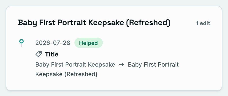 One recorded edit: the title change on Baby First Portrait Keepsake, marked Helped.