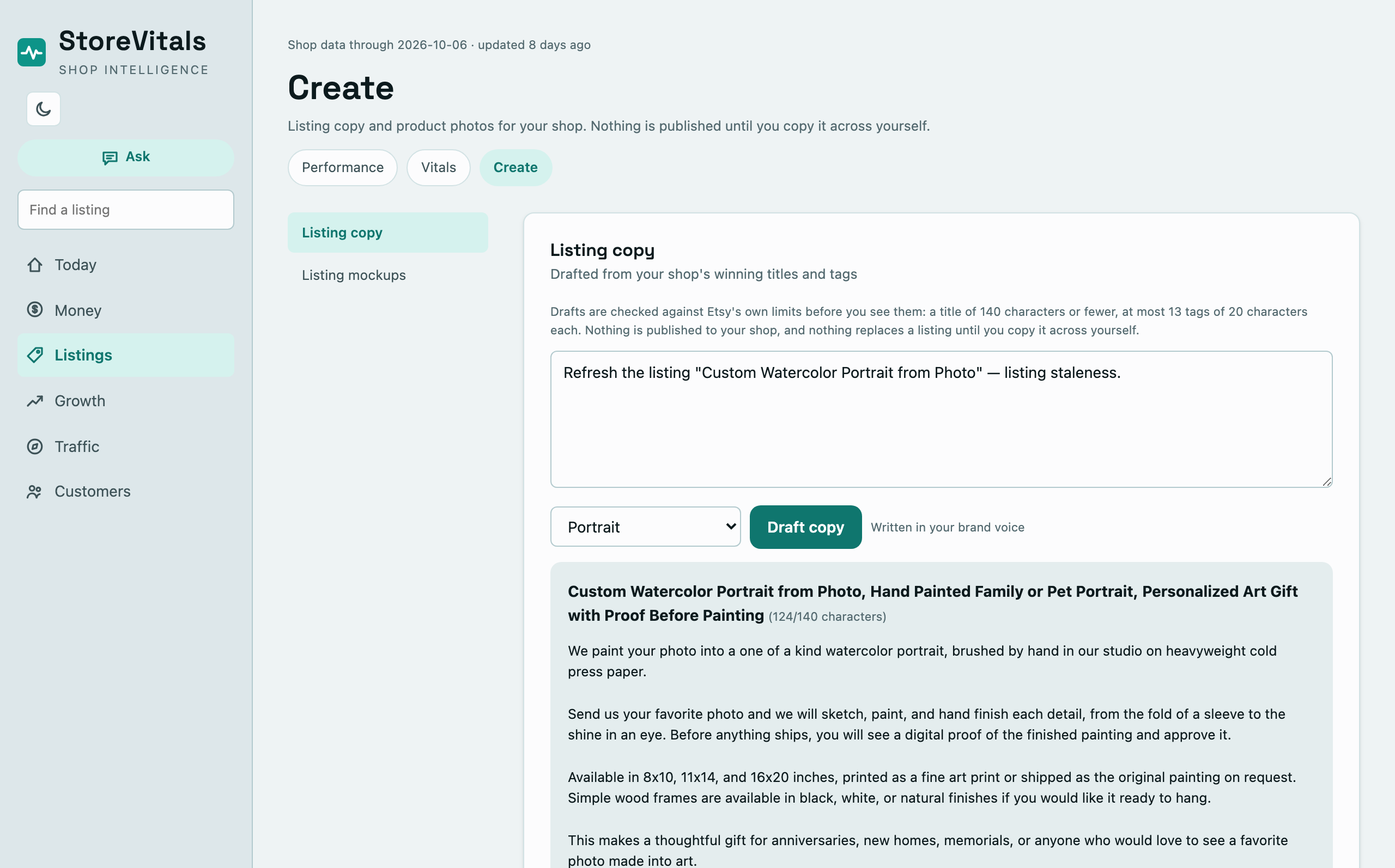 Create in the app: the brief an action wrote for one listing, and the draft it returned, with the title at 124 of 140 characters.