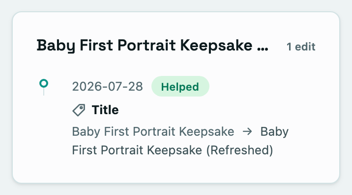 One listing's detected title edit, with its date and its Helped verdict.