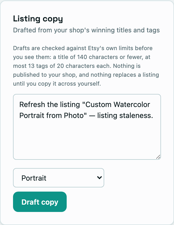 The draft form that Draft an improvement opens, with a brief already written for the listing and its finding.