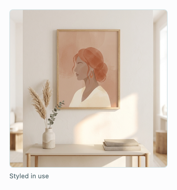 One listing's watercolor portrait, staged framed on a wall above a console.