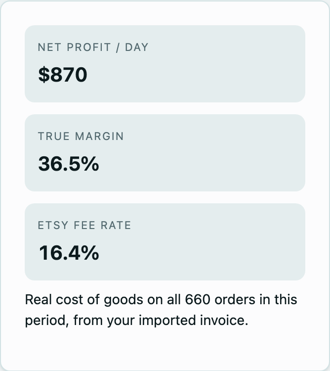 Net profit per day, true margin and Etsy fee rate, with the recorded-cost coverage line.