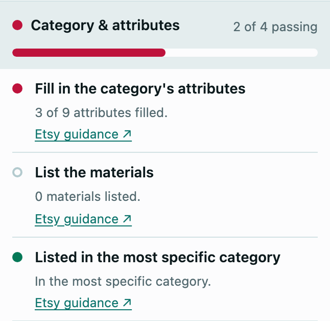 Listing areas with traffic-light bars, an expanded checklist and links to Etsy guidance.