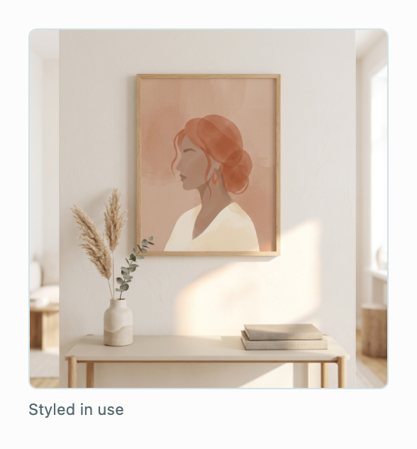 One generated mockup: the shop's watercolor portrait framed on a wall.
