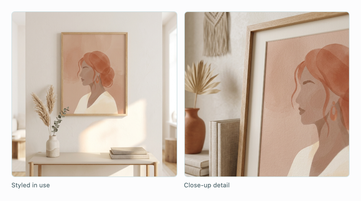 One listing's watercolor portrait, staged framed on a wall above a console and as a close-up leaning on books.