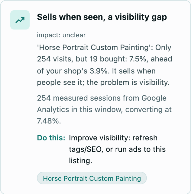 The listing finding identifies a visibility gap and includes its Google Analytics evidence.