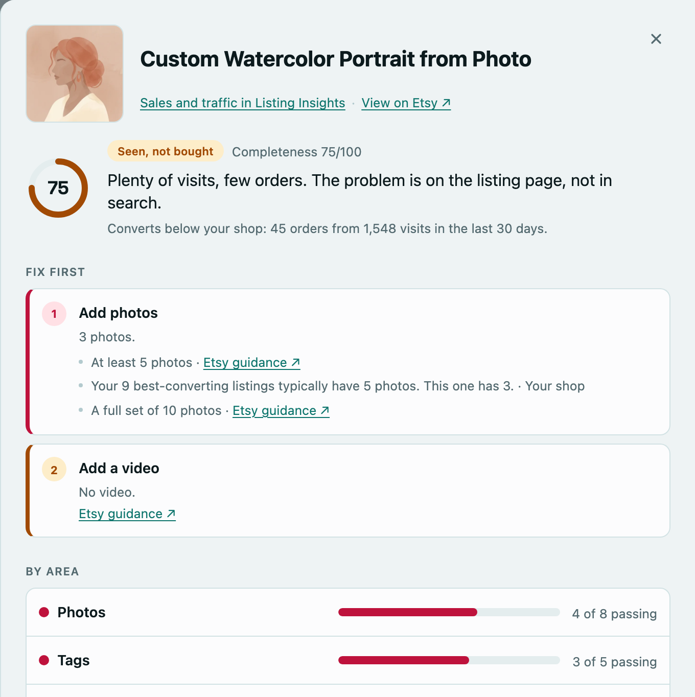 Listing Vitals for one listing: its Completeness ring, diagnosis and the numbered changes to make first, each linked to Etsy guidance.