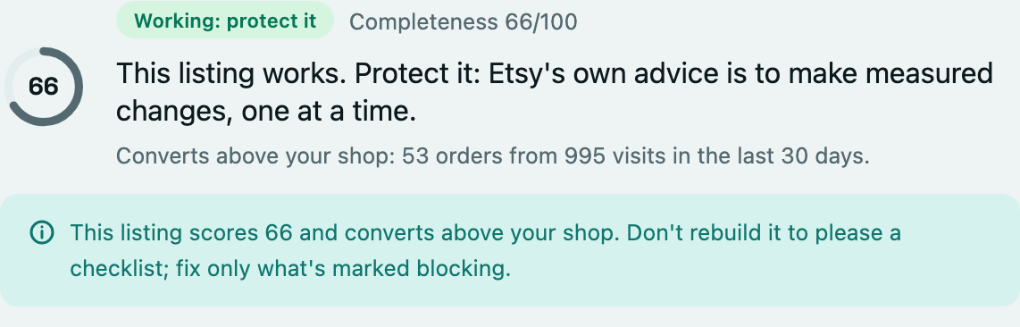 A callout highlighting the difference between a listing's Completeness and its Performance.
