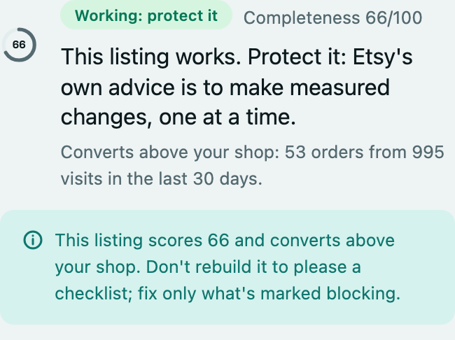 A callout highlighting the difference between a listing's Completeness and its Performance.