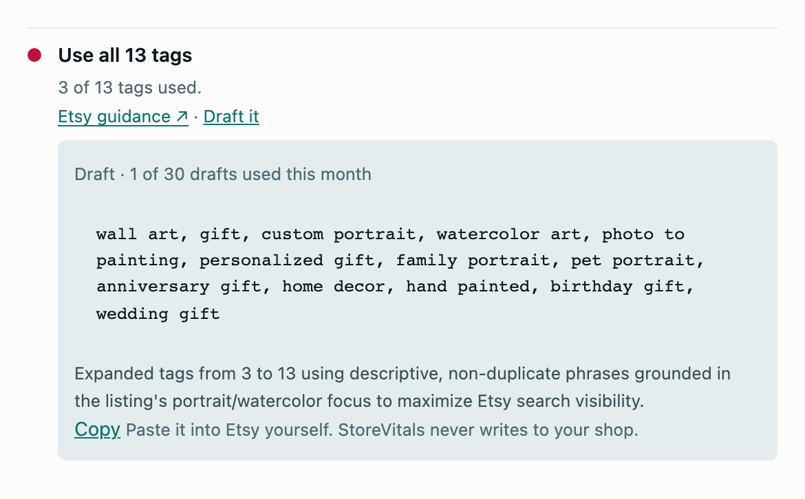 A Listing Vitals check, Use all 13 tags, with 13 drafted tags and the reason for them.