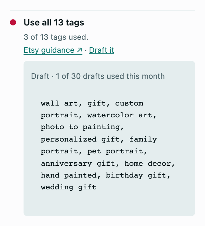 A Listing Vitals check, Use all 13 tags, with 13 drafted tags.