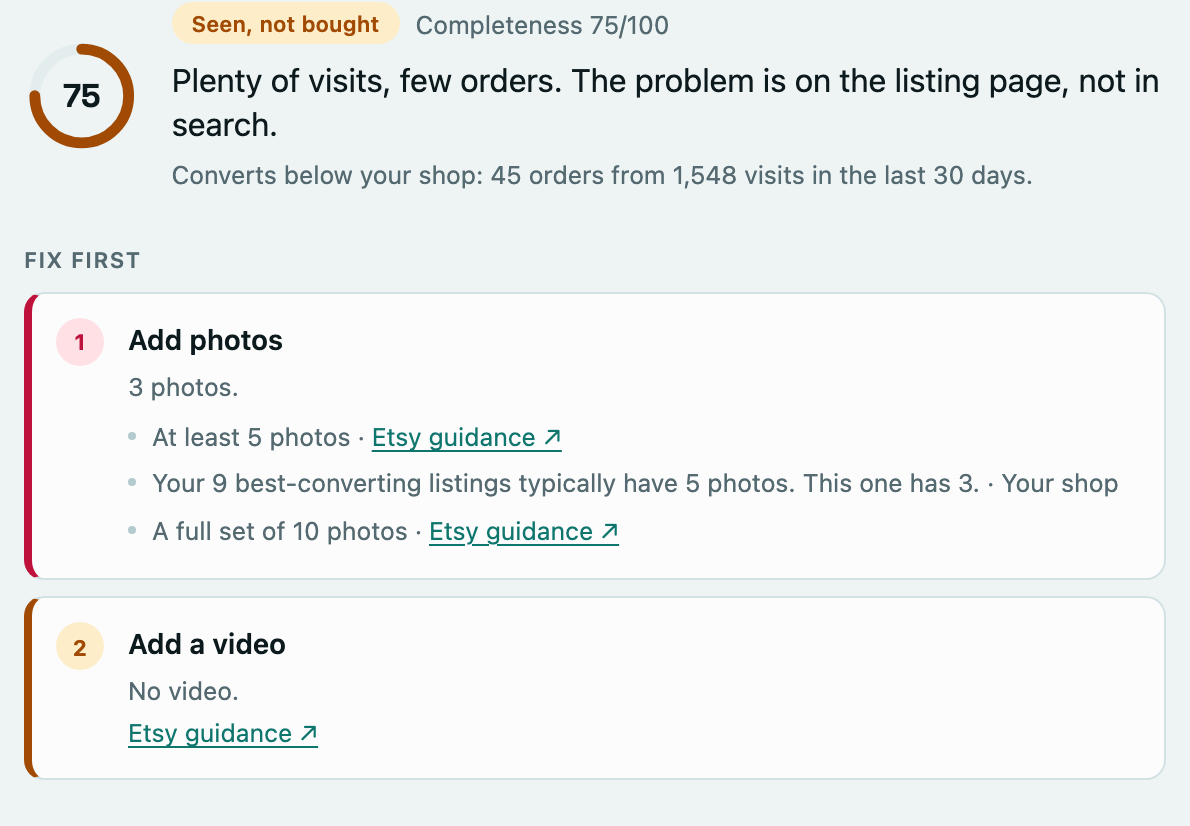 Listing Vitals drawer with a Completeness ring, diagnosis label and numbered priorities.